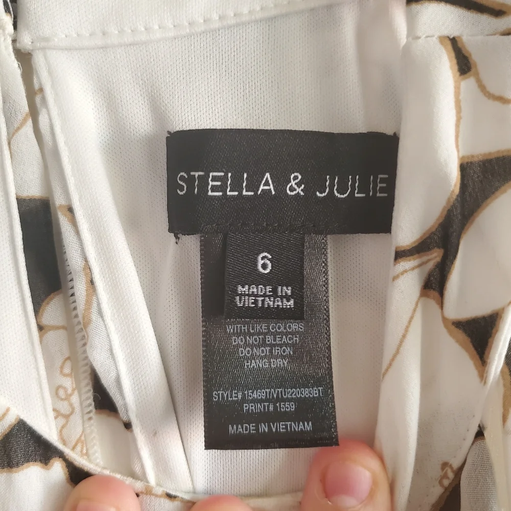 Stella & Julie Black And White Floral Midi  Dress Ruffled Top Size 6 Cocktail